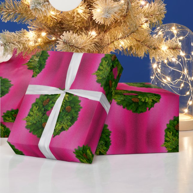 Green Wreaths on Pink Christmas Wrapping Paper (Creator Uploaded)