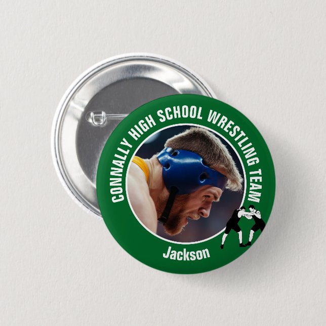 Green Wrestling Team Photo High School Wrestler 2 Inch Round Button (Front & Back)