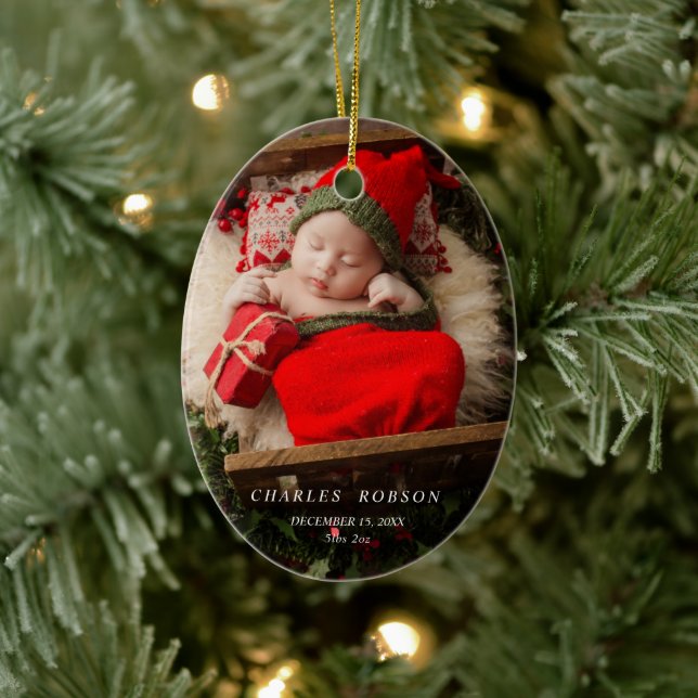 Green Xmas Trees 1st Christmas Birth Stats Photo Ceramic Ornament (Tree)