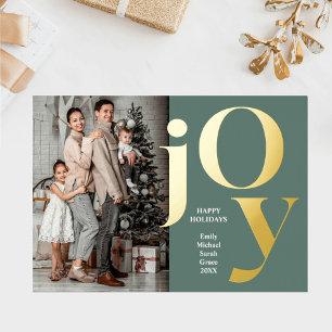 Green Xmas Vertical Family Photo Names Joy Gold Foil Holiday Card