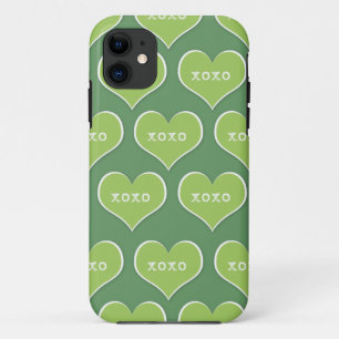 Green XOXO Hearts Customizable Background Colour iPhone 11 Case