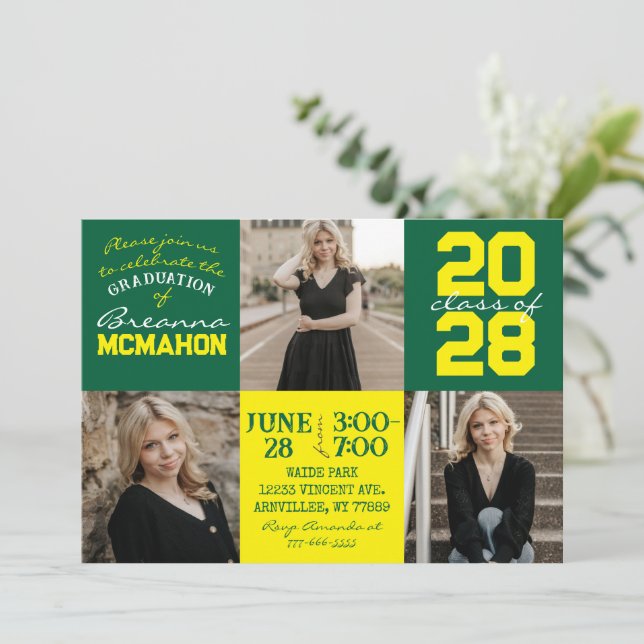Green & Yellow 3 Photo Graduation Invitation (Debout devant)