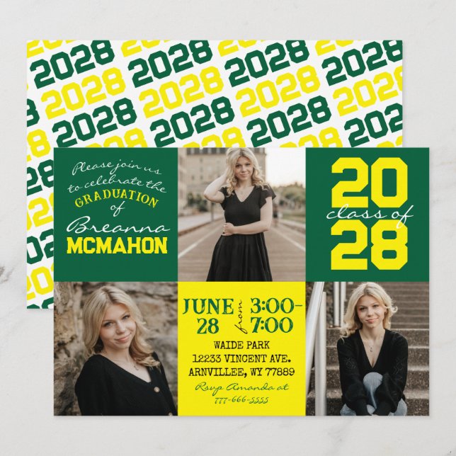 Green & Yellow 3 Photo Graduation Invitation (Front/Back)