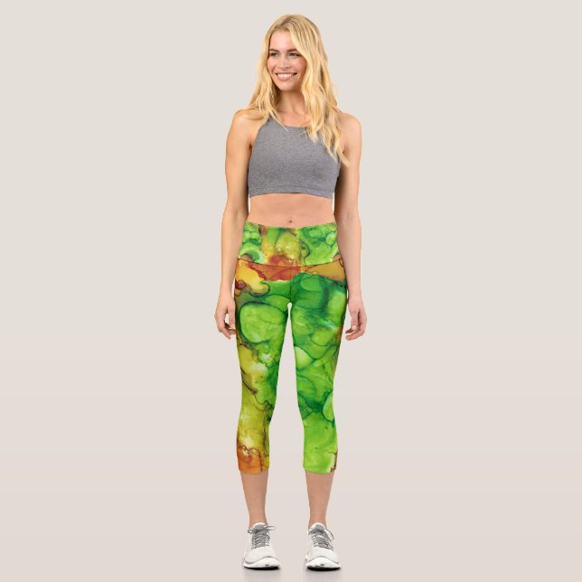 Green & Yellow Abstract Capri Leggings (Front)