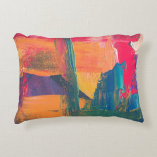 Green, yellow, and red abstract painting accent pillow