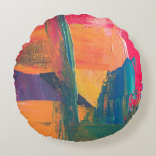 Green, yellow, and red abstract painting round pillow