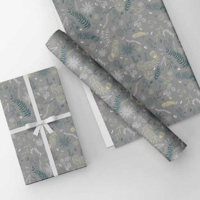 Green, yellow and white floral doodles in grey. wrapping paper sheet (Creator Uploaded)