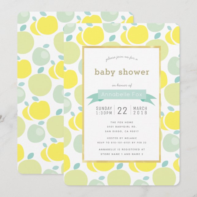 Green Yellow Apple Pattern Baby Shower Invitation (Front/Back)