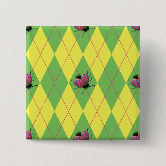 Green & Yellow Argyle Ladybug 2 Inch Square Button (Front)