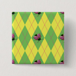 Green & Yellow Argyle Ladybug 2 Inch Square Button