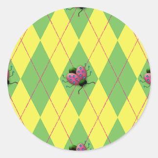 Green & Yellow Argyle Ladybug Classic Round Sticker