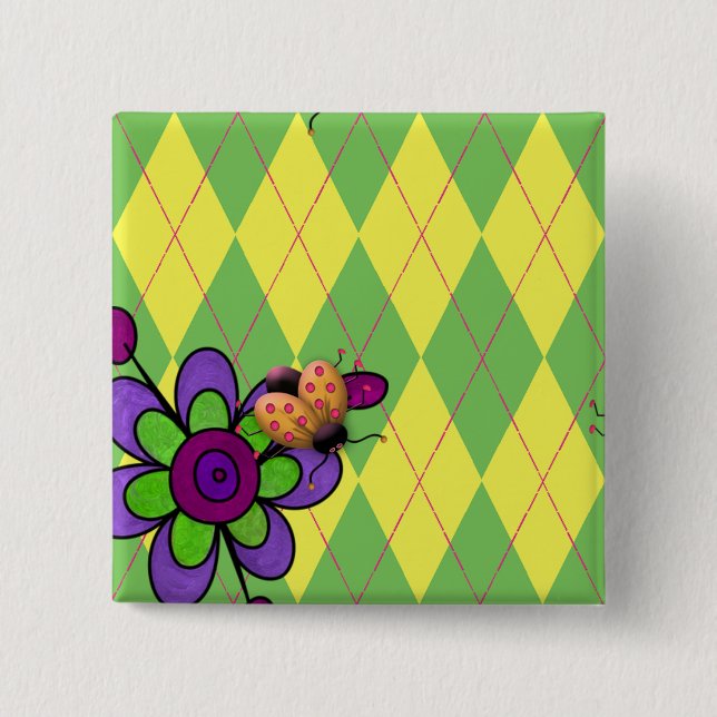 Green & Yellow Argyle Ladybug & Flower 2 Inch Square Button (Front)