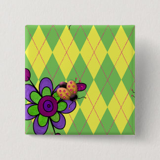 Green & Yellow Argyle Ladybug & Flower 2 Inch Square Button