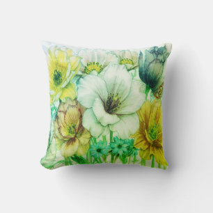 Green + Yellow Blooming Flowers Sofa Bed Chair Throw Pillow