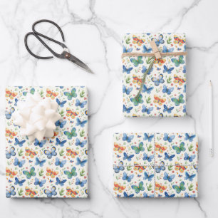 Green Yellow Blue Butterflies and Flowers Wrapping Paper Sheet
