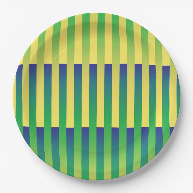 Green Yellow Blue Striped Pattern Paper Plate (Front)