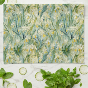 Green Yellow Botanical Iris Pattern Kitchen Towels