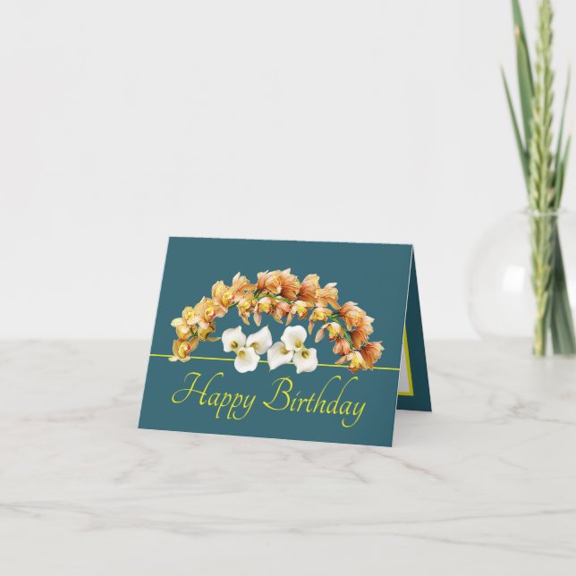 Green Yellow Bouquet Orchids Lilies Happy Birthday Card (Front)