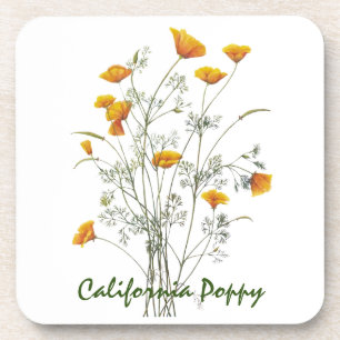 Green Yellow California Poppy Watercolor Painting Coaster