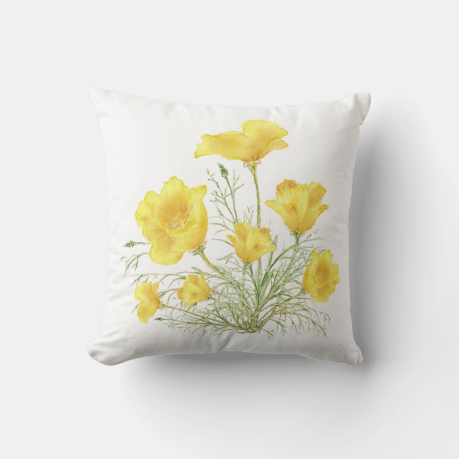 Green Yellow California Poppy Watercolor Painting Throw Pillow (Front)