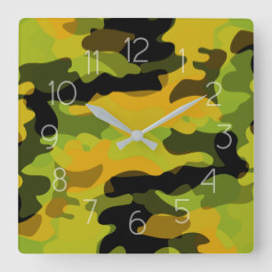 Green Yellow Camouflage Pattern Square Wall Clock