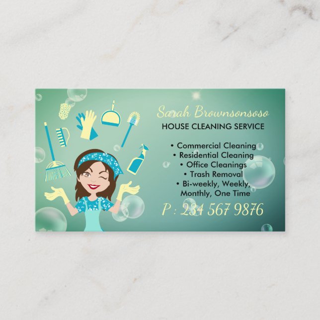 Green Yellow Cartoon Maid House Cleaning Service Business Card (Front)