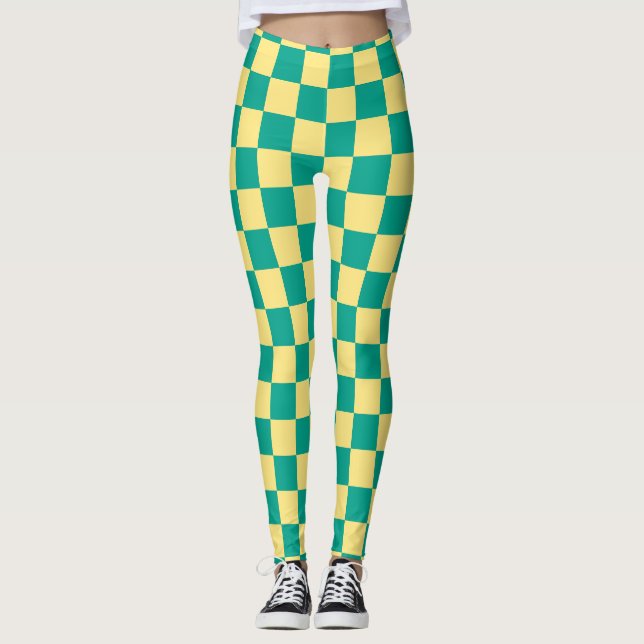 Green + Yellow Chequered Chequerboard Pattern Leggings (Front)