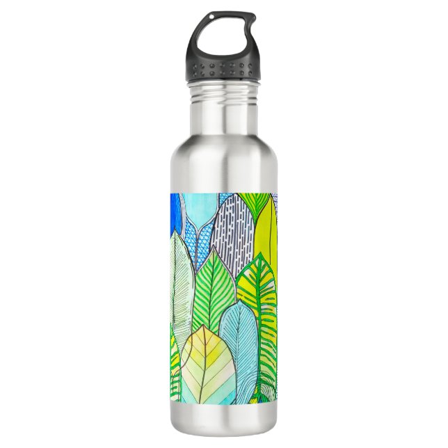 Green Yellow Cute Modern Tropical Boho Leaves 710 Ml Water Bottle (Front)