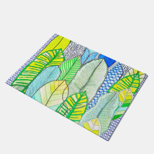 Green Yellow Cute Modern Tropical Boho Leaves Doormat