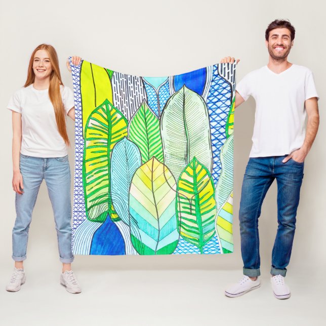 Green Yellow Cute Modern Tropical Boho Leaves Fleece Blanket (In Situ)
