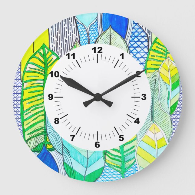 Green Yellow Cute Modern Tropical Boho Leaves Large Clock (Front)