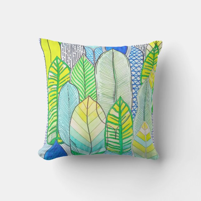 Green Yellow Cute Modern Tropical Boho Leaves Outdoor Pillow (Front)