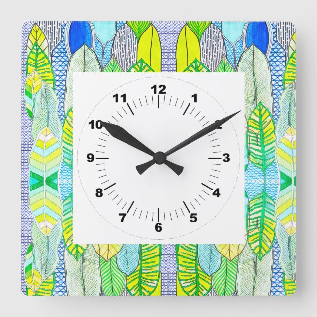 Green Yellow Cute Modern Tropical Boho Leaves Square Wall Clock (Front)