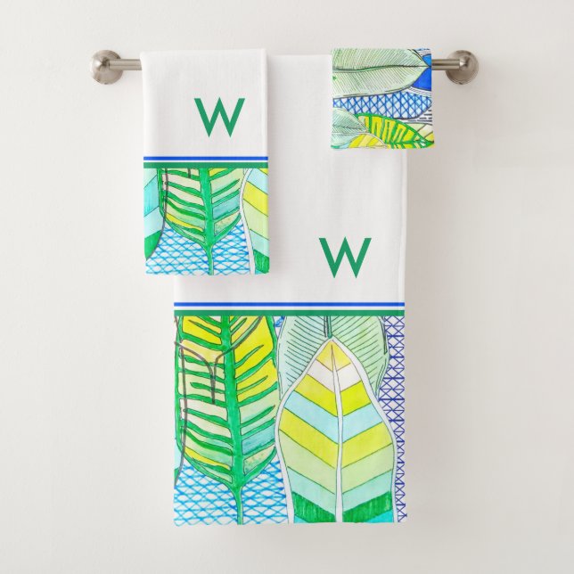 Green Yellow Cute Modern Tropical Boho Monogram Bath Towel Set (Insitu)