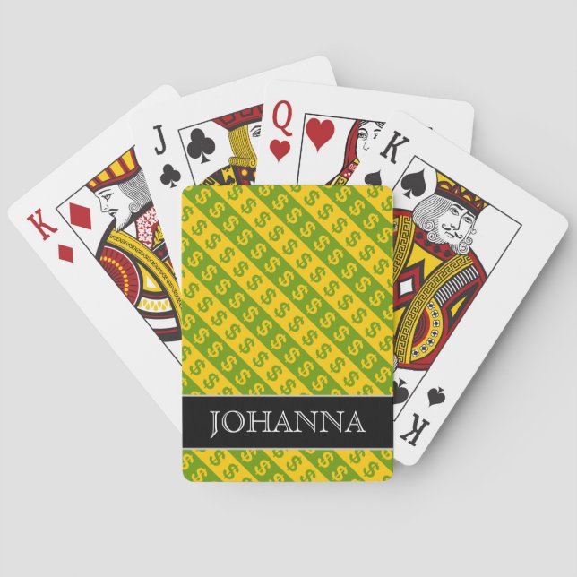 Green & Yellow Dollar Signs ($) Striped Pattern Playing Cards (Back)