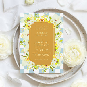 Green Yellow Floral Checkerboard Garden Wedding Invitation