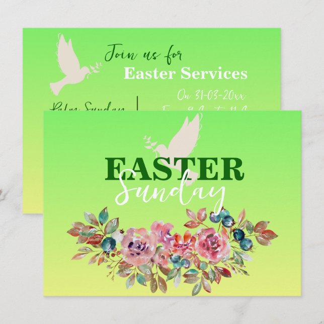 Green & Yellow Floral Easter Church Invitation (Front/Back)