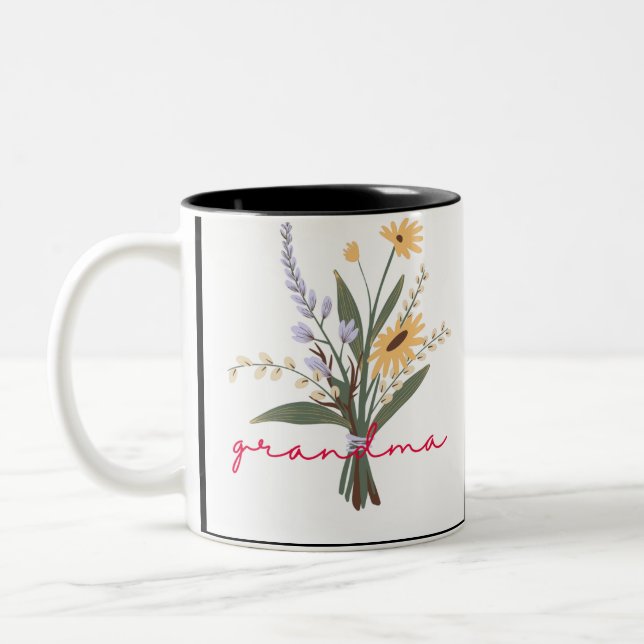 Green Yellow floral Minimalist Handwriting Grandma Two-Tone Coffee Mug (Left)