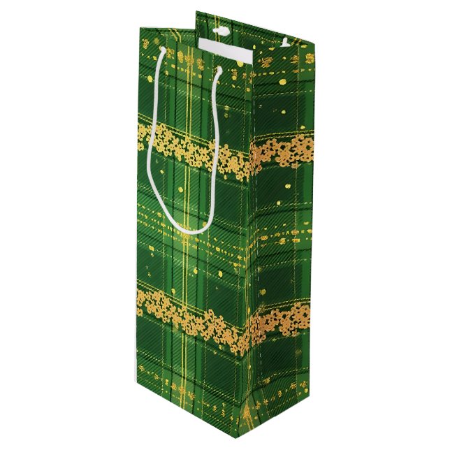GREEN & YELLOW GLITTER LOOK IRISH PLAID PATTERN WINE GIFT BAG (Front Angled)