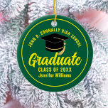 Green Yellow Graduate Custom Graduation Christmas Ceramic Ornament<br><div class="desc">This modern green and yellow custom senior graduate Christmas ornament features your high school or college name for the class of 2025. Customize with your graduating year under the chic handwritten script and black grad cap for a great personalized graduation gift.</div>