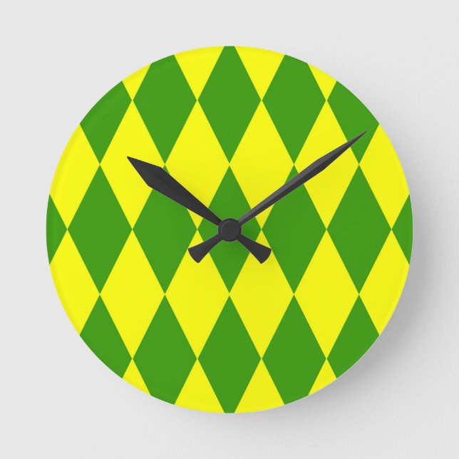 Green Yellow Harlequin Checkered Design  Round Clock (Front)