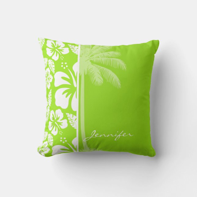 Green-Yellow Hawaiian Tropical Hibiscus; Palm Throw Pillow (Front)