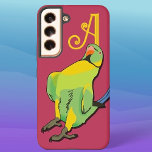 Green Yellow Indian Ringneck Parrot Monogram Bird Samsung Galaxy Case<br><div class="desc">Add any monogram to this fun Indian Ringneck case for a personalized accessory to please any parrot lover. The cartoon bird strikes that crazy pose IRN parakeets do when something exciting is happening. For maximum pop, the green and yellow birb with sharp black outline is placed on a magenta background,...</div>
