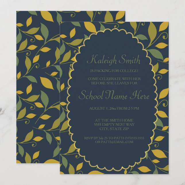 Green Yellow Leaves on Navy Blue Trunk Party Invitation (Front/Back)