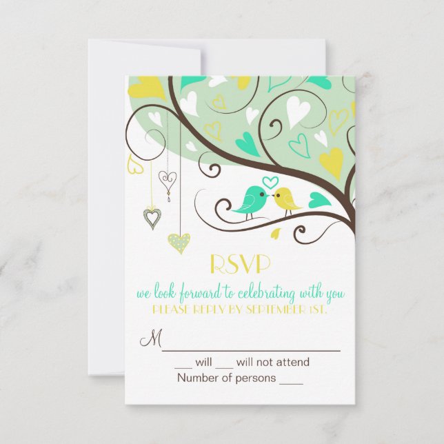 Green & Yellow Lovebirds RSVP Wedding Card Invite (Front)