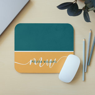 Green & Yellow Minimalist Script Monogram Name Mouse Pad