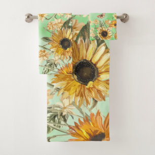 Green Yellow Ombre Watercolor Background Sunflower Bath Towel Set