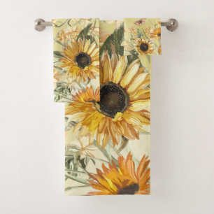 Green Yellow Ombre Watercolor Background Sunflower Bath Towel Set