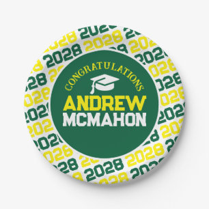 Green & Yellow on White Graduation Personalized Paper Plate