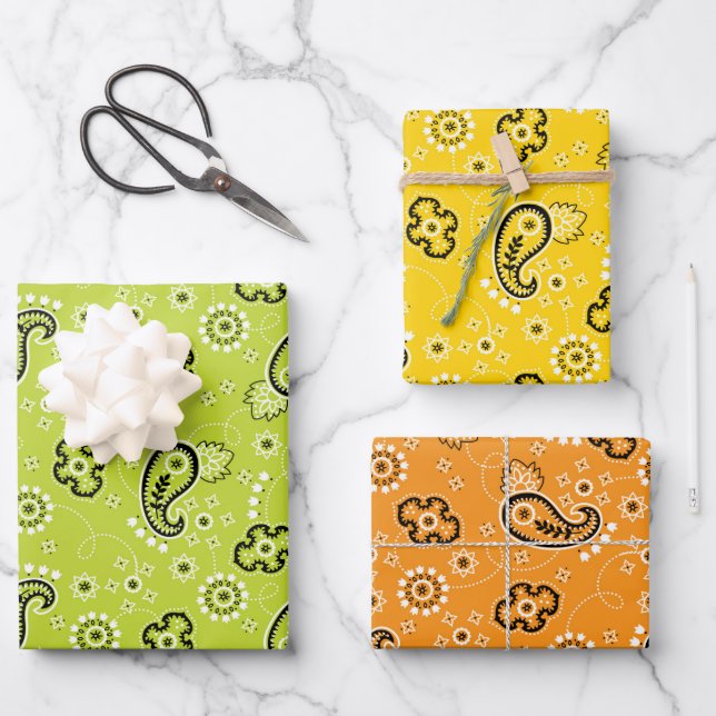green yellow orange Bandana Classic Pattern Fun Wrapping Paper Sheet (Front)